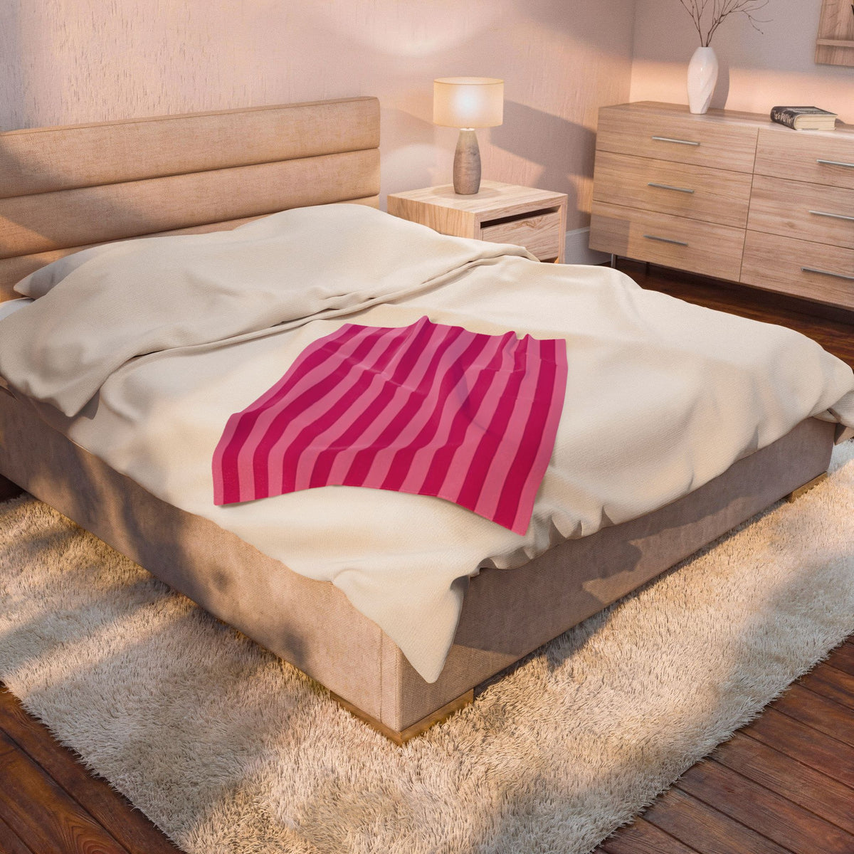 Pink Striped Plush Blanket – Velveteen Cozy Throw for Home & Travel