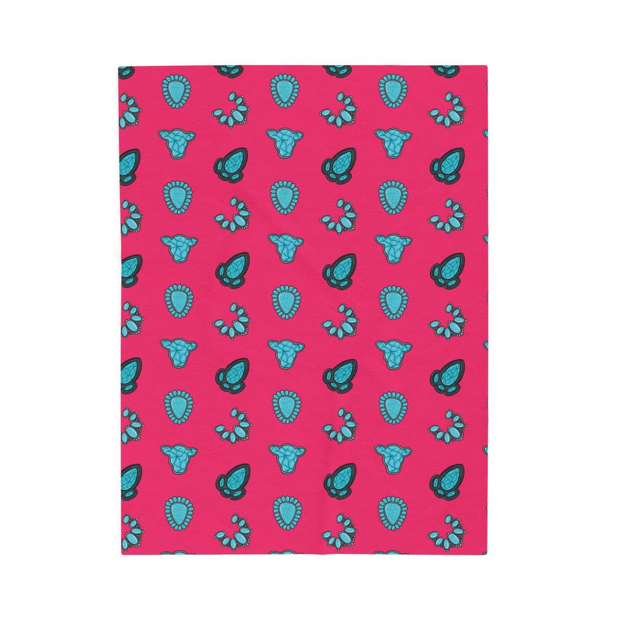 Turquoise Cow Skull Pattern Velveteen Plush Blanket — Southwestern Pink Throw