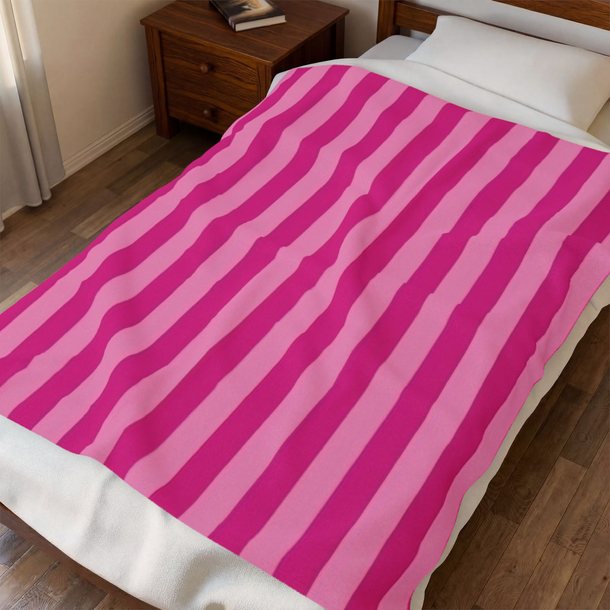 Pink Striped Plush Blanket – Velveteen Cozy Throw for Home & Travel