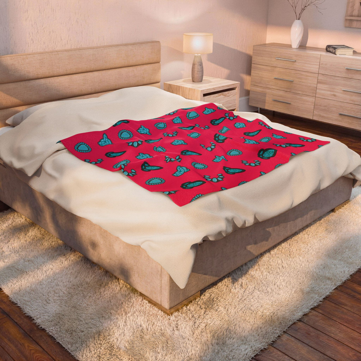 Turquoise Cow Skull Pattern Velveteen Plush Blanket — Southwestern Pink Throw