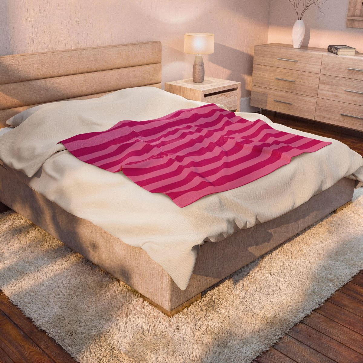 Pink Striped Plush Blanket – Velveteen Cozy Throw for Home & Travel