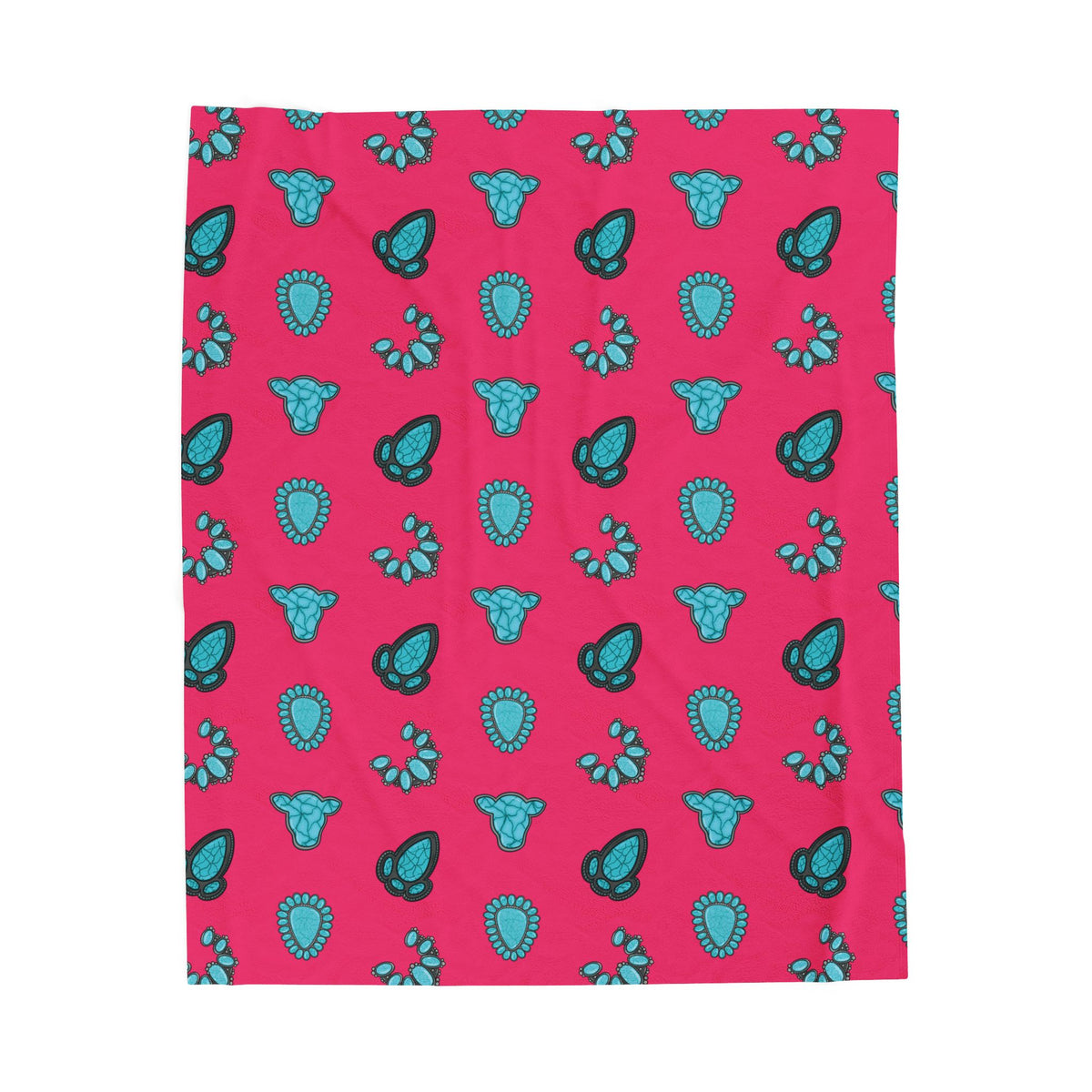 Turquoise Cow Skull Pattern Velveteen Plush Blanket — Southwestern Pink Throw